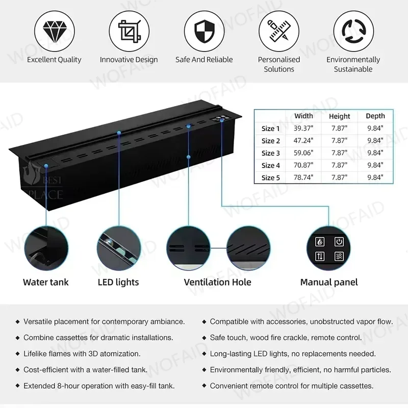 Black electric fireplace with water tank, LED lights, ventilation holes and manual panel