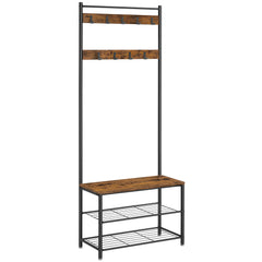 Black coat stand with shoe rack, dark wood bench and two lower storage shelves