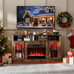 Brown fireplace TV stand with mantel, open storage, and red LED flame insert.