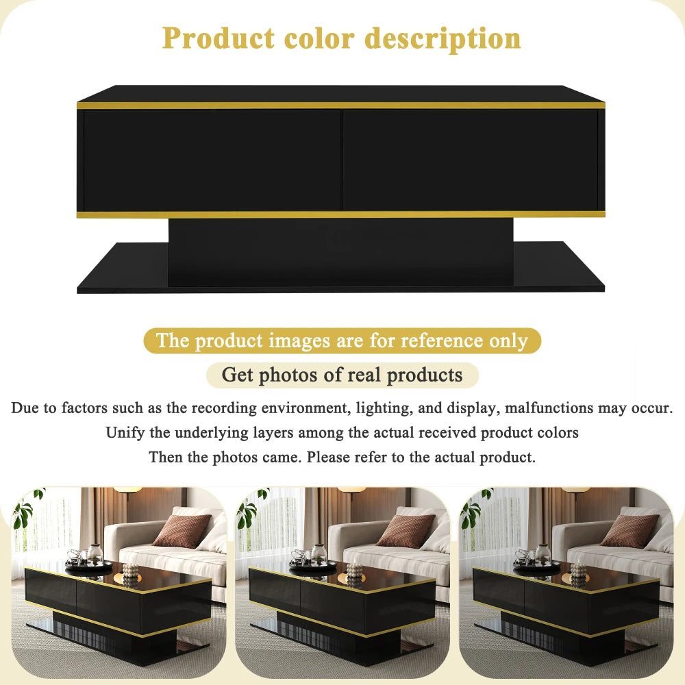 Black coffee table color reference graphic with gold trim stripe and base glow