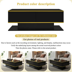 Black coffee table color reference graphic with gold trim stripe and base glow