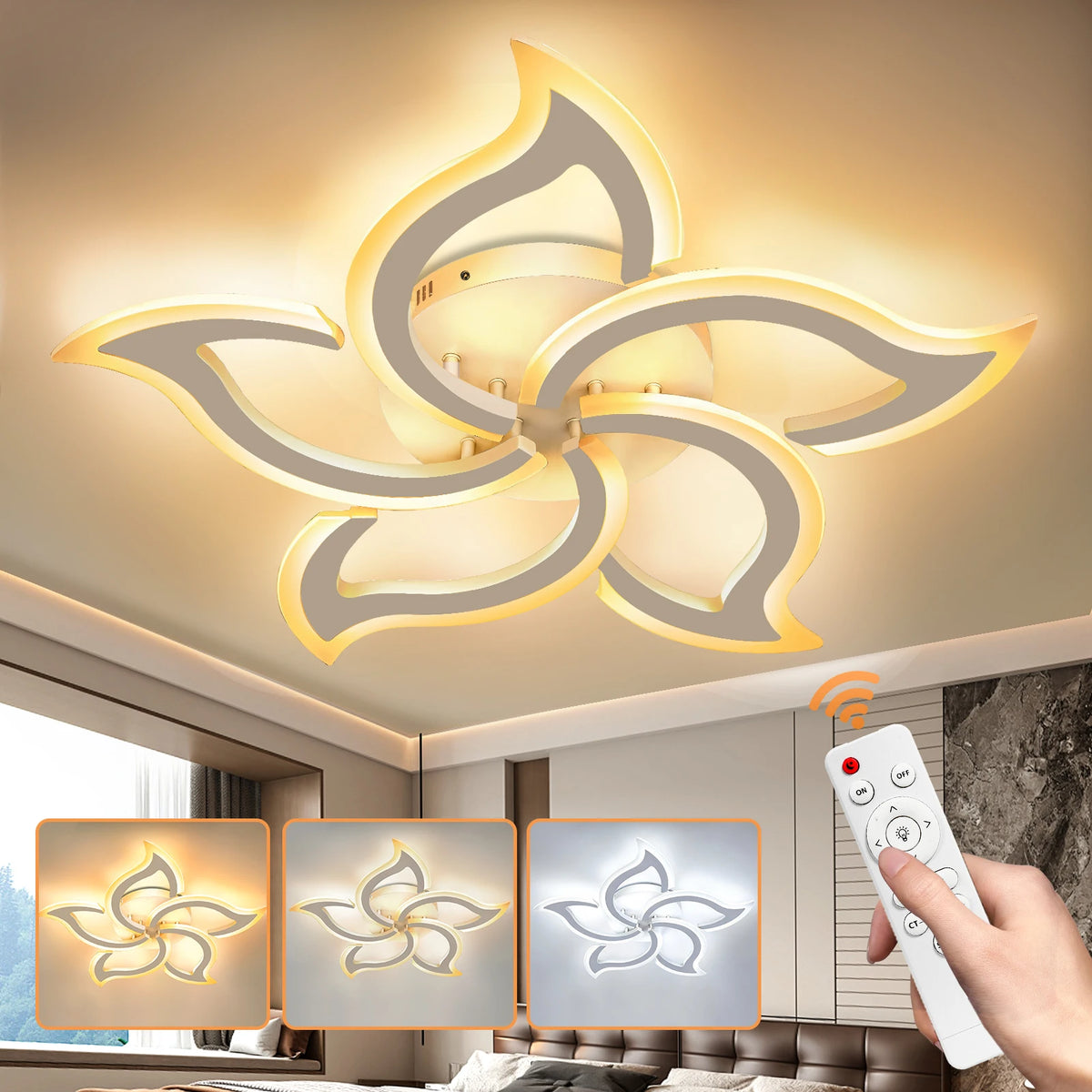 Flower-shaped LED ceiling light with five glowing petals on a white ceiling