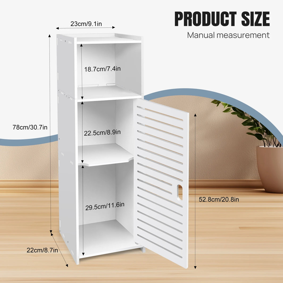 White tall slim bathroom storage cabinet with open 3-tier shelving and louvered door