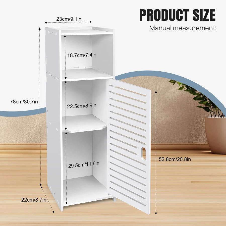 White tall slim bathroom storage cabinet with open 3-tier shelving and louvered door