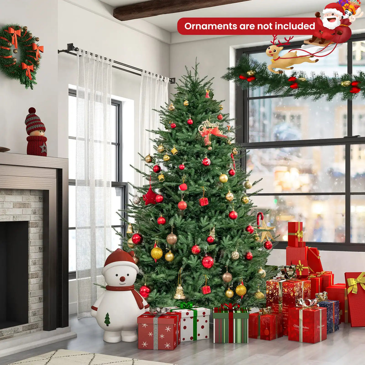 Decorated pre-lit hinged artificial Christmas tree with red, gold, and green ornaments