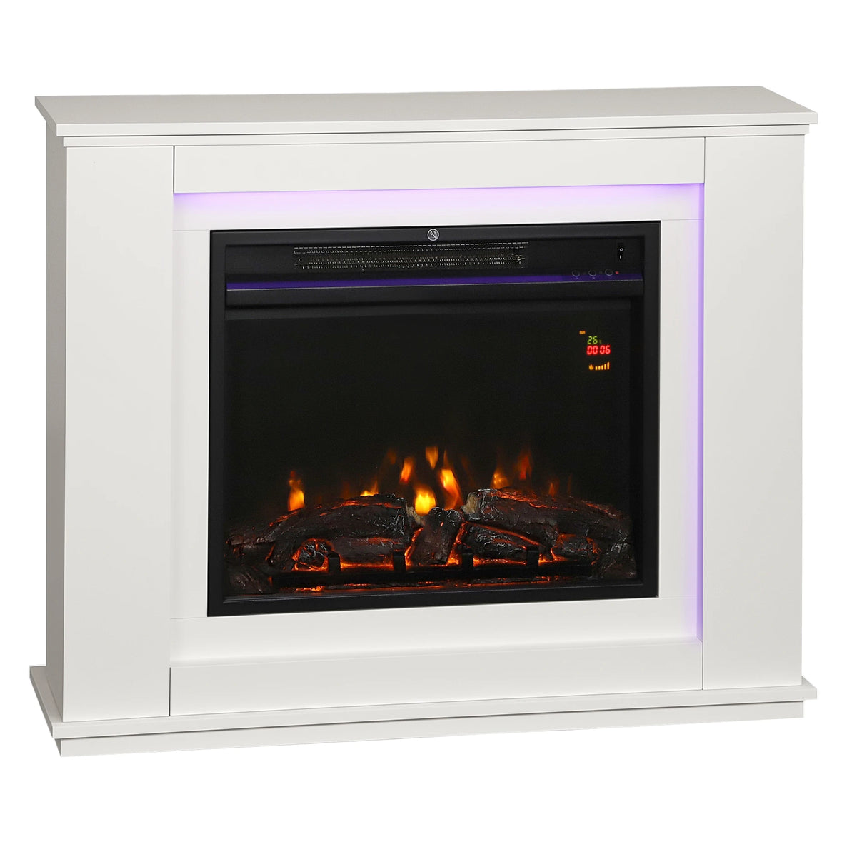 White electric fireplace mantel with orange flame window and purple LED side glow