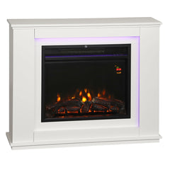 White electric fireplace mantel with orange flame window and purple LED side glow