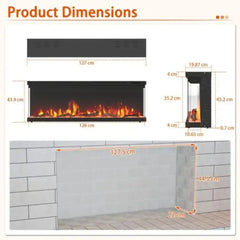 Electric fireplace heater diagram with labeled dimensions and wall-mount measurements