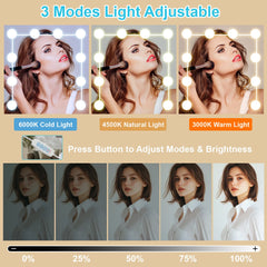 Black vanity set LED mirror showing 3 light modes and brightness adjustment button.