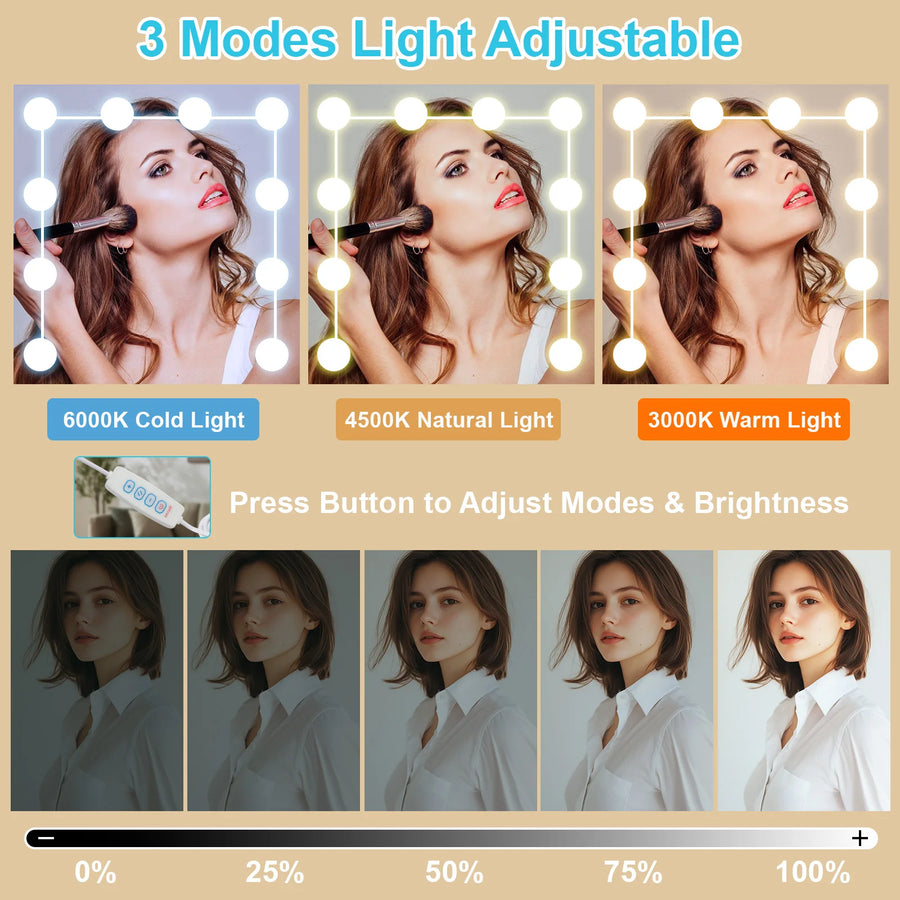 Black vanity set LED mirror showing 3 light modes and brightness adjustment button.
