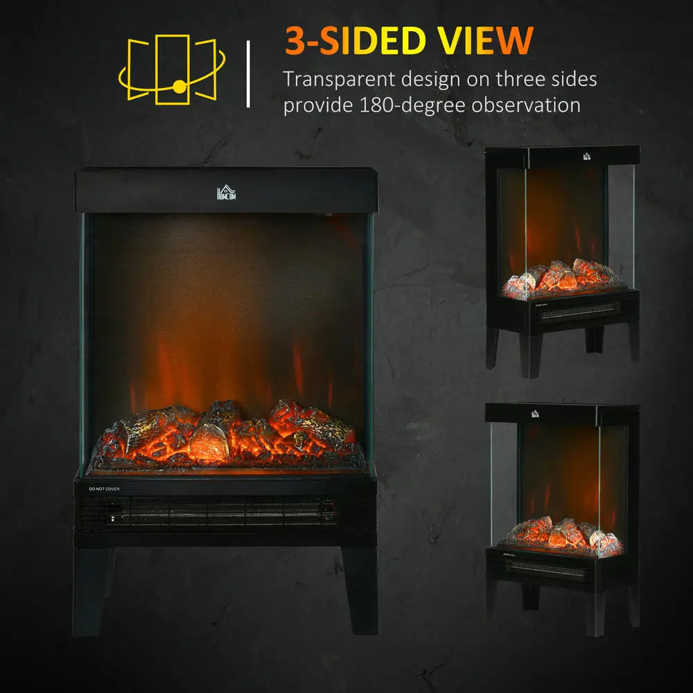 Black electric fireplace heater showing 3-sided view through tempered glass