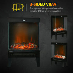 Black electric fireplace heater showing 3-sided view through tempered glass