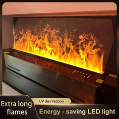 Black electric fireplace with bright orange flames and a front control panel