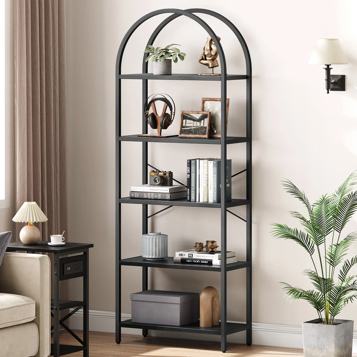 5-tier arched open bookcase with black metal frame and light wood shelves