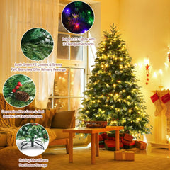 Pre-lit snowy artificial Christmas tree with yellow LED lights and folding metal base