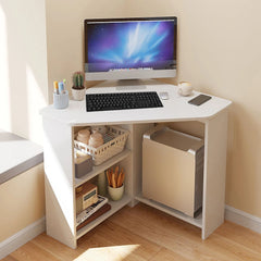 Ivory triangular desk with built-in lower shelves for books and office supplies