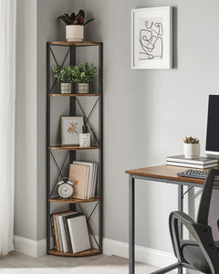 Corner 5-tier storage shelf with black frame and wood-look shelves for plants and books