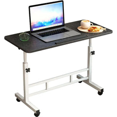 Black tabletop rolling laptop desk with white frame, lower shelf, and four caster wheels