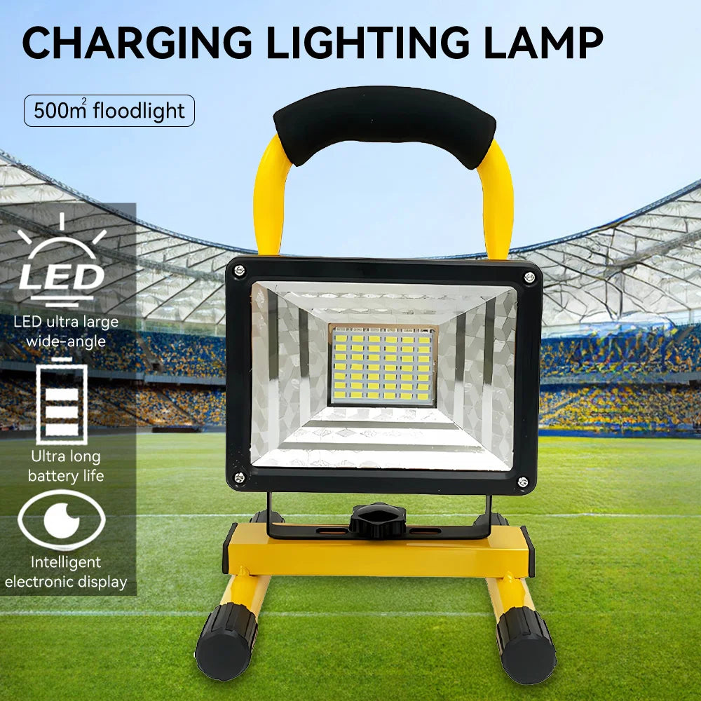 Portable LED flood light with yellow fold handle and black frame, wide rectangular panel