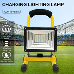 Portable LED flood light with yellow fold handle and black frame, wide rectangular panel
