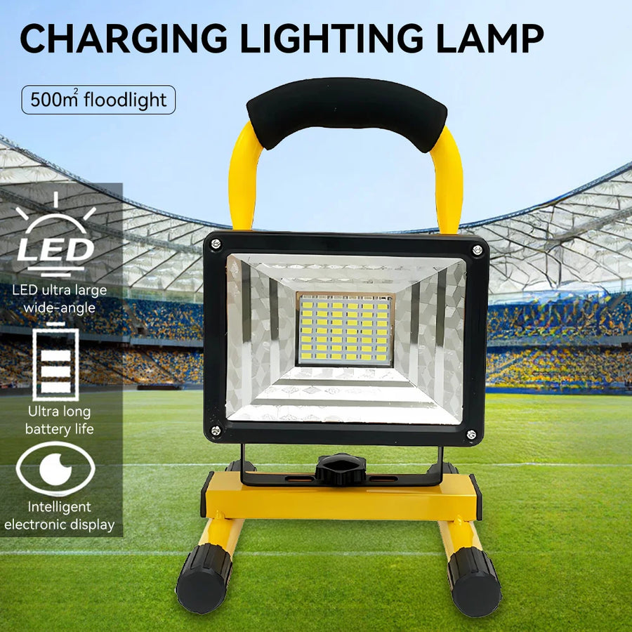 Portable LED flood light with yellow fold handle and black frame, wide rectangular panel