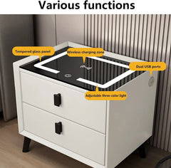 Cream white bedside table with wireless charging zone, dual USB ports, and LED light