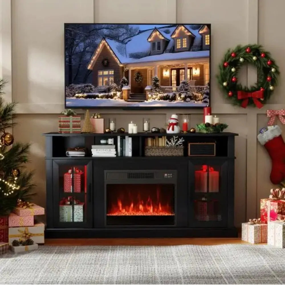Black TV stand with central electric fireplace and glass-door side cabinets, with LED accents.