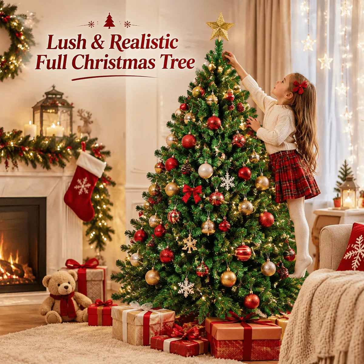 Artificial green Christmas tree with red and gold ornaments and star topper, unlit