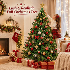 Artificial green Christmas tree with red and gold ornaments and star topper, unlit
