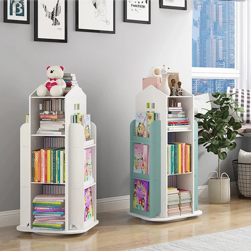 Breeins kids' rotating house-frame bookshelf cabinet with white open storage shelves