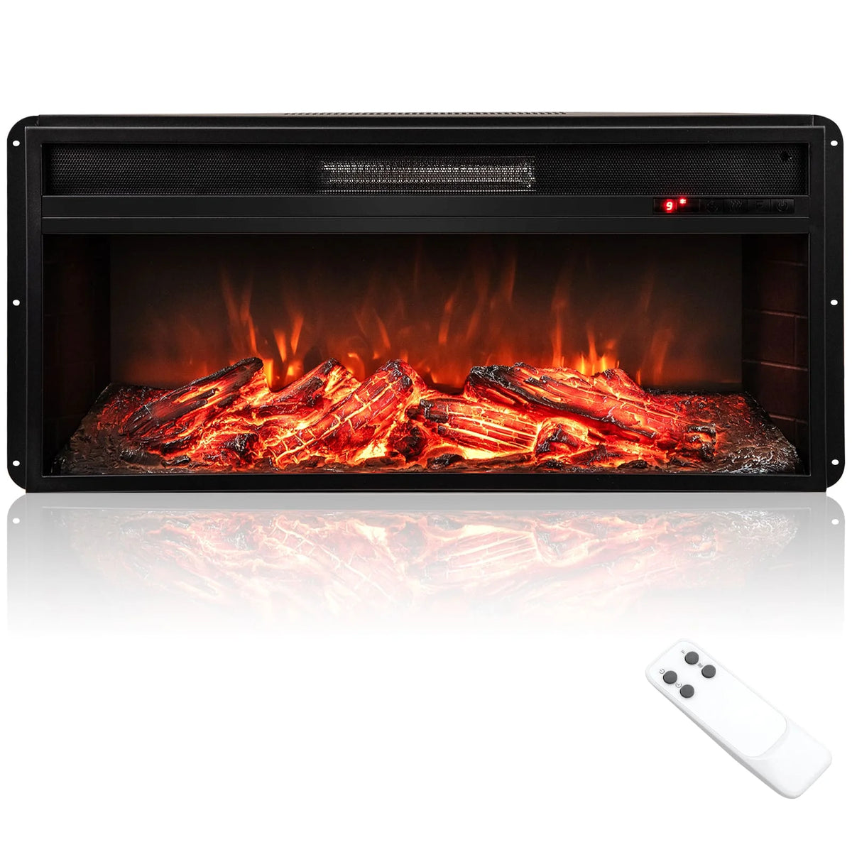 Recessed electric fireplace insert with glowing red-orange flame bed