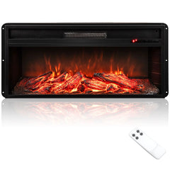 Recessed electric fireplace insert with glowing red-orange flame bed