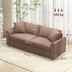 Cord sofa with seat and back cushions, shown with size measurements overlay