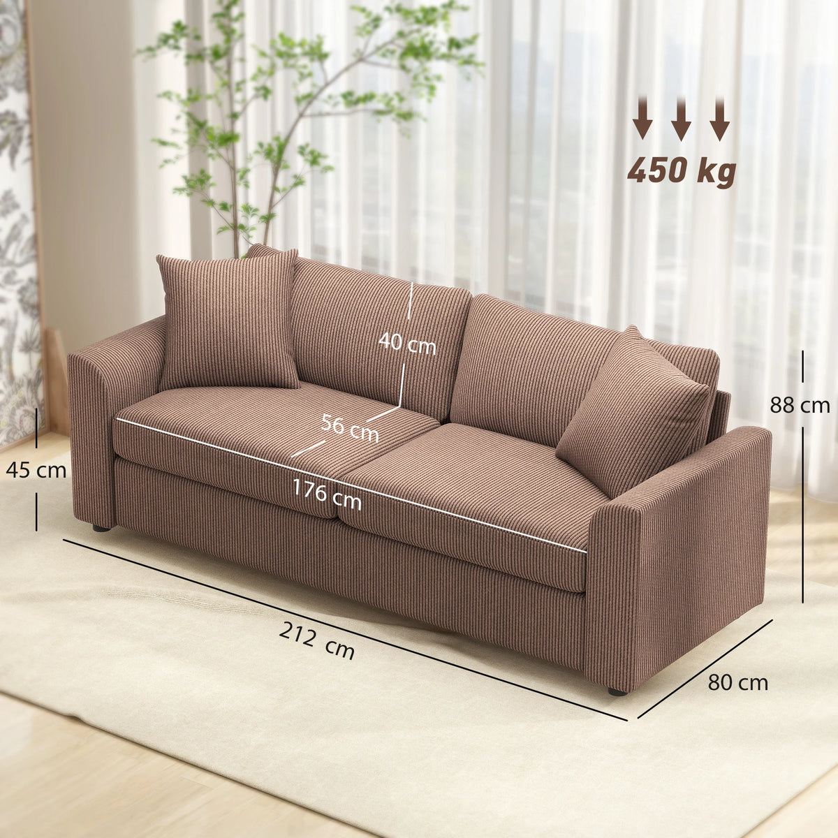 Coffee-brown upholstered sofa with three cushions and size measurements