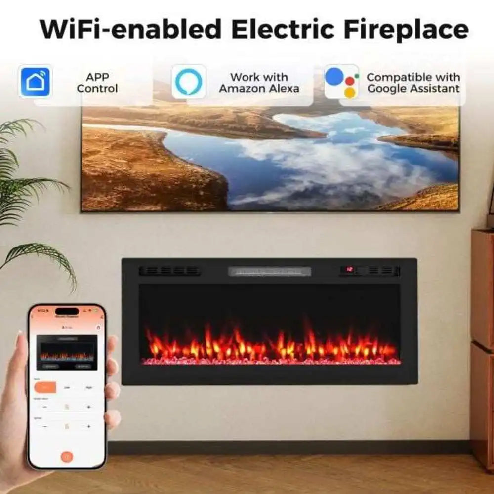 Wall-mounted electric fireplace insert with WiFi app control on smartphone