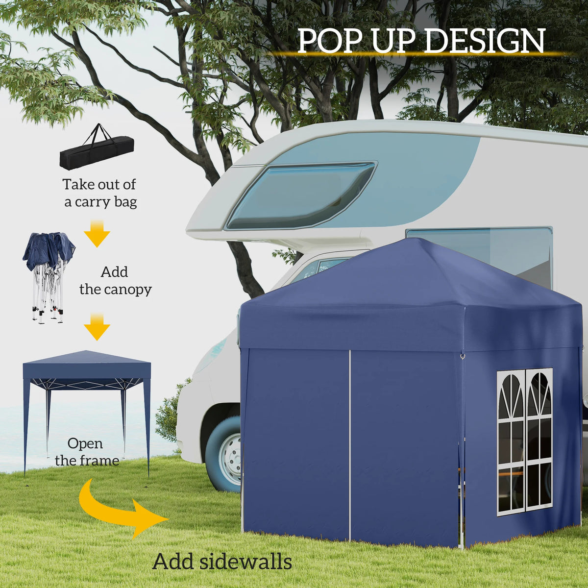 Blue pop-up gazebo with slanted canopy top and sidewalls over window panels
