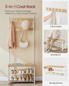 Coat rack with shoe bench, 2-row hooks and storage shelves