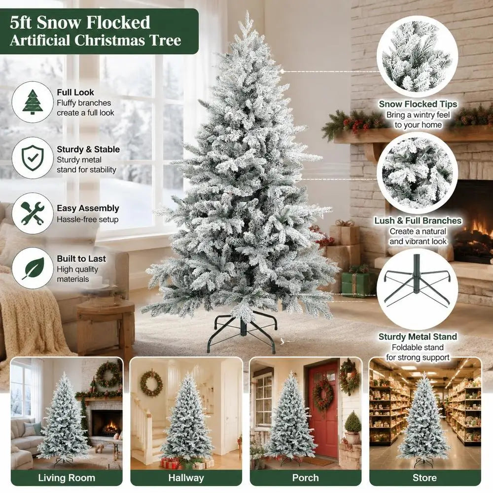 Snow-flocked artificial Christmas tree with full branches shown with icons for assembly