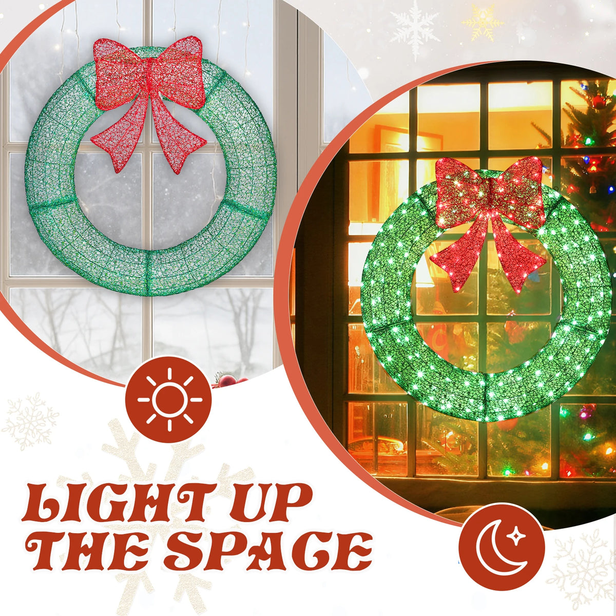 Green lighted metal wreath with red bow, shown on a door window