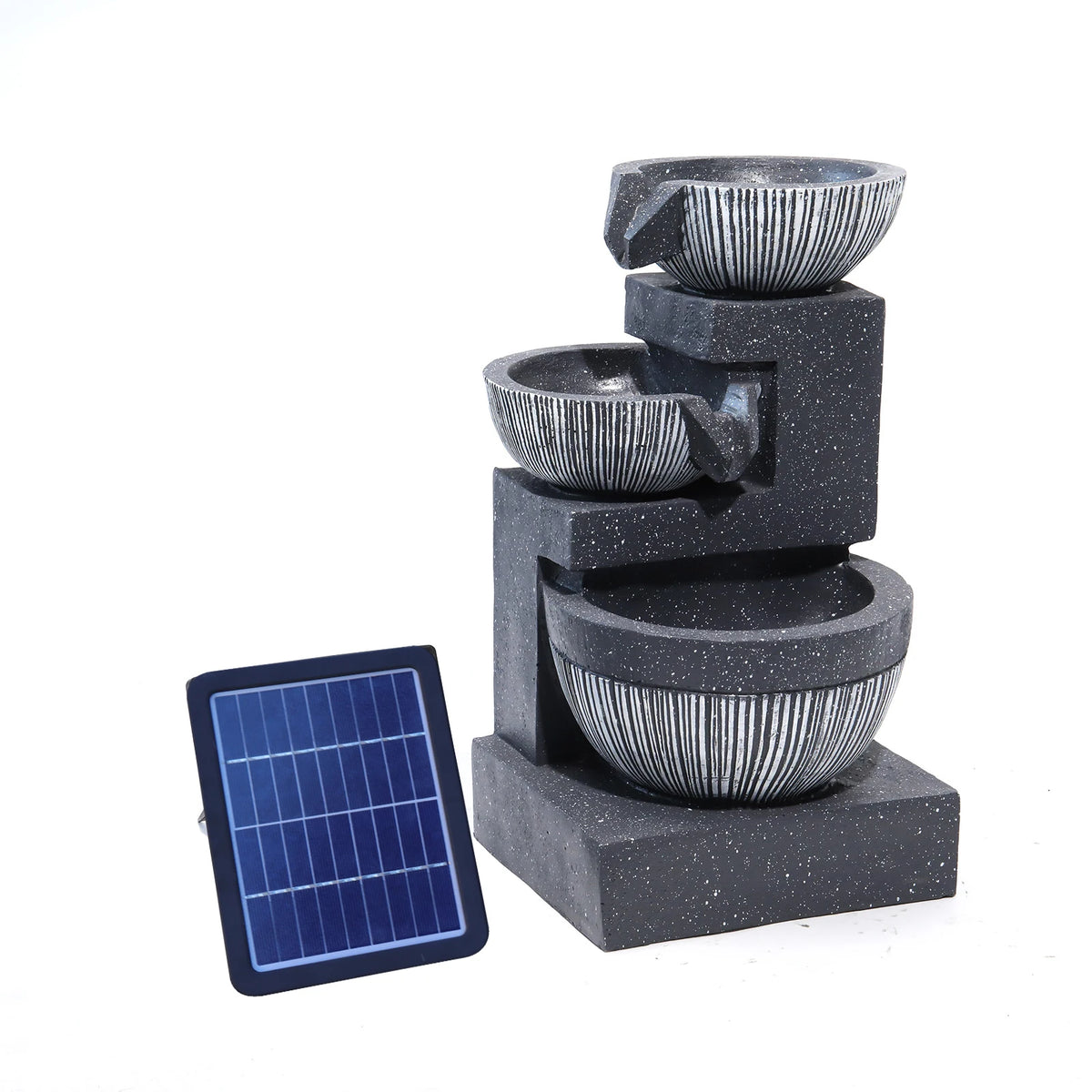 Solar outdoor rockery fountain with dark gray stacked basins and attached solar panel
