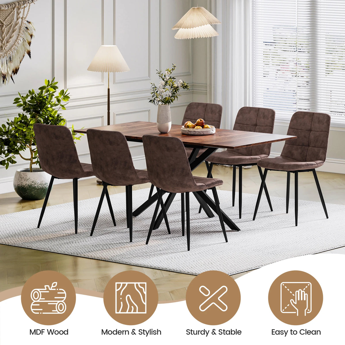 Rectangular dining table with 4 upholstered chairs, dark brown seats and backs, black legs