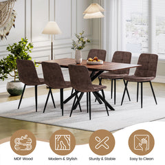 Rectangular dining table with 4 upholstered chairs, dark brown seats and backs, black legs
