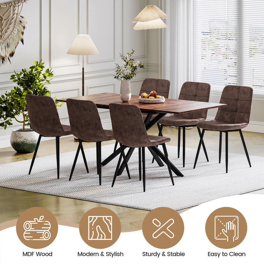 Rectangular dining table with 4 upholstered chairs, dark brown seats and backs, black legs