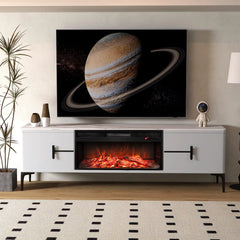 Recessed electric fireplace insert with red flame in a white media console