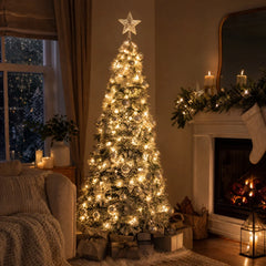 Pre-lit pop-up Christmas tree with warm LED lights and silver ornaments, star topper