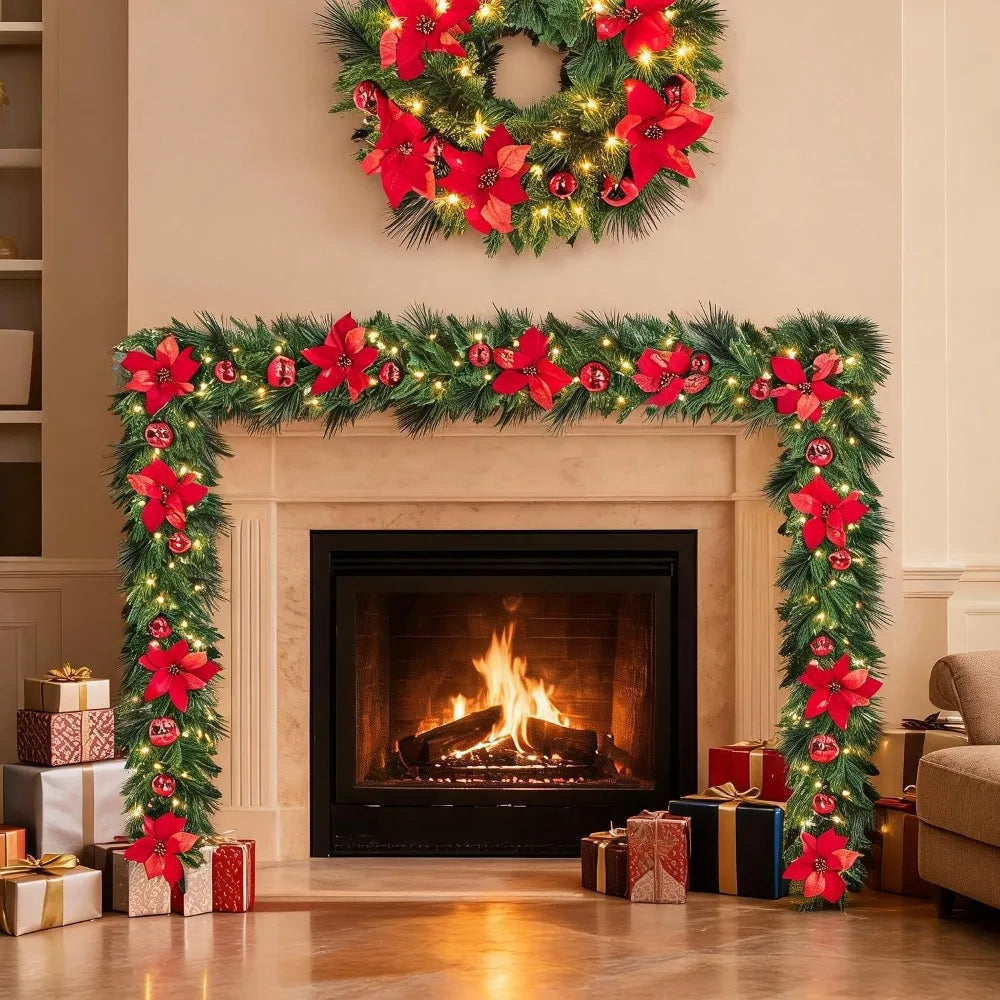 Green Christmas wreath with red bows and warm lights above a fireplace mantle