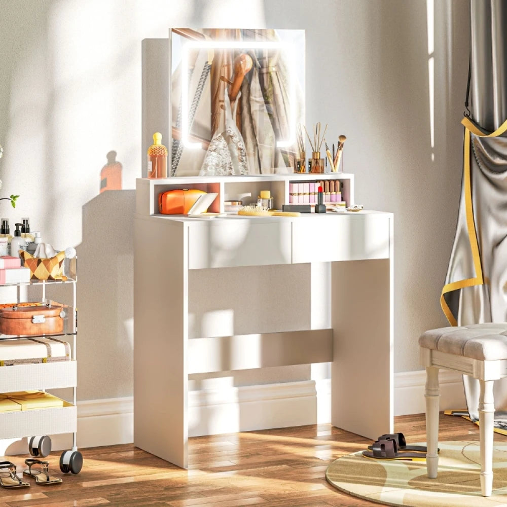 White vanity desk with illuminated mirror, open shelves, and storage drawers