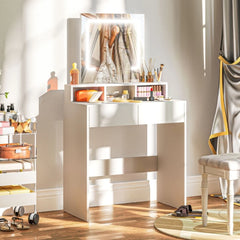 White vanity desk with illuminated mirror, open shelves, and storage drawers