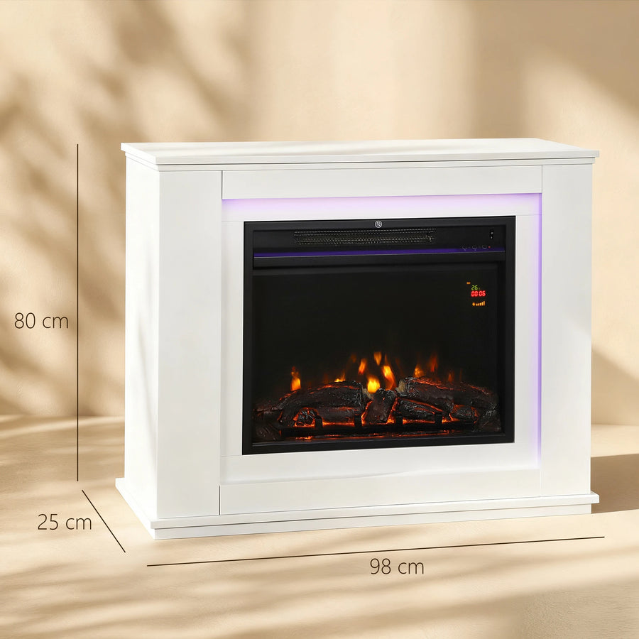 White electric fireplace mantel with purple LED glow and black glass-front firebox