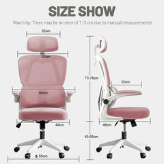 Size chart with front and side views of a pink ergonomic office chair